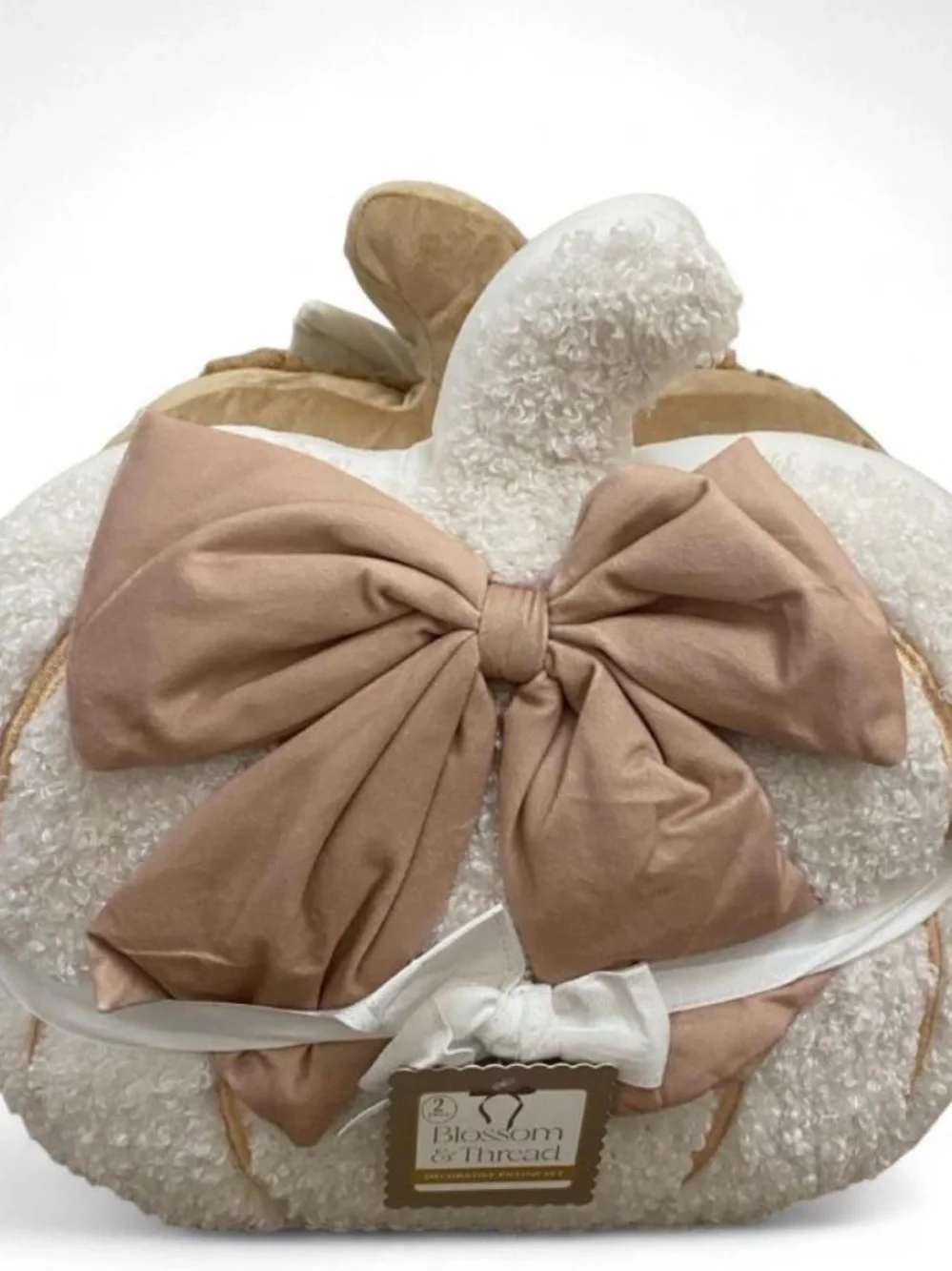 2 Pack Cream Pumpkin Plush with Taupe Bow -